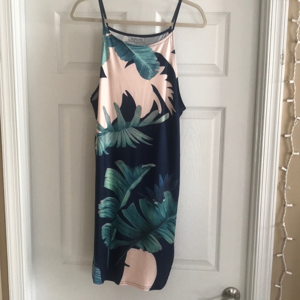 Navy Blue and Floral Mid Length Dress